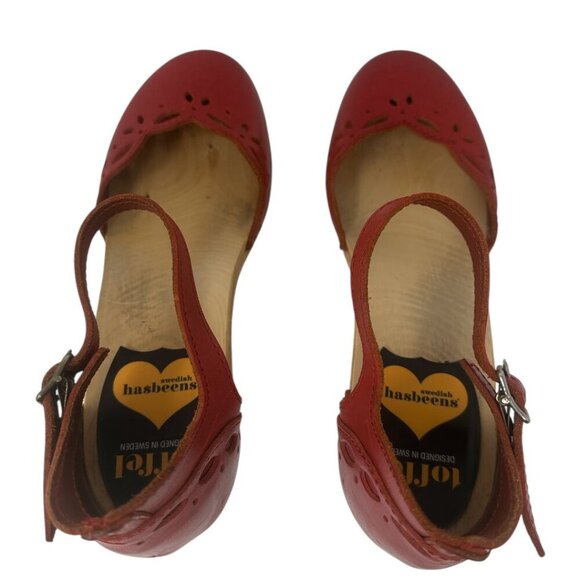 Rare Swedish Hasbeens Red Laser Cut Leather Platform Heeled Clog Sandals 9 Boho - Picture 6 of 14